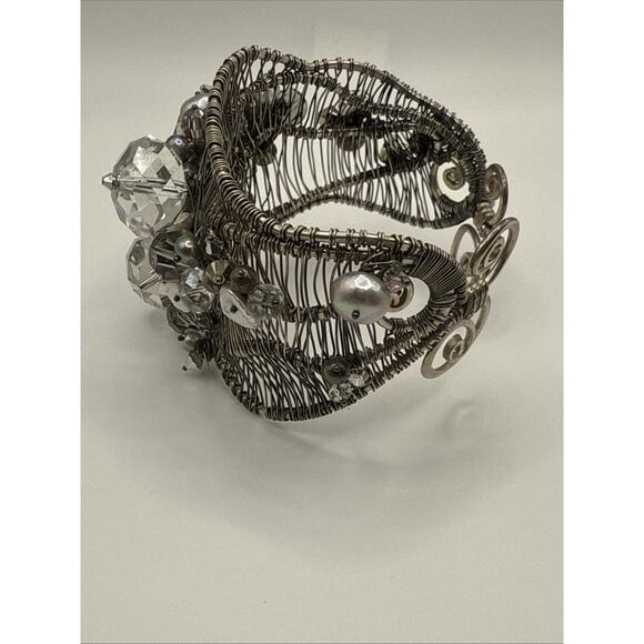 Artisan Cuff Bracelet Statement Runway Adjustable Silver Tone Wire Design - Picture 5 of 9